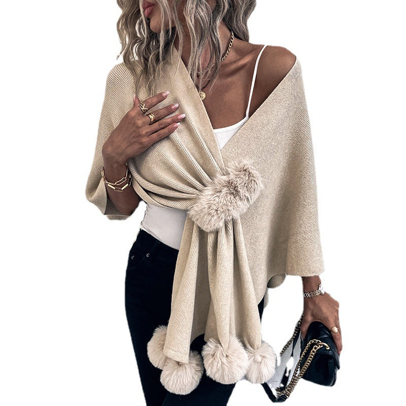 Women's Pompom Fall Winter Fuzzy Knit Shawl Wrap Evening Outfits Scarf Fashion Soft