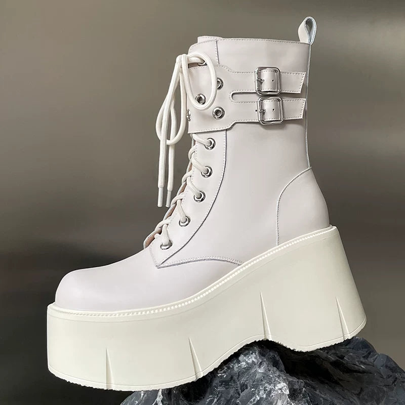 Women's Chunky Sole Leather Fleece-Lined Wedge Moto Boots for Fall Outfits Streetwear Winter Office and Weekend Everyday Wear