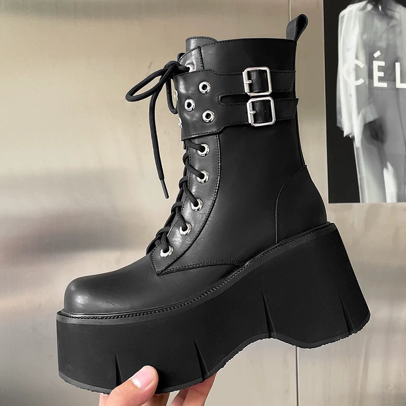 Women's Chunky Sole Leather Fleece-Lined Wedge Moto Boots for Fall Outfits Streetwear Winter Office and Weekend Everyday Wear