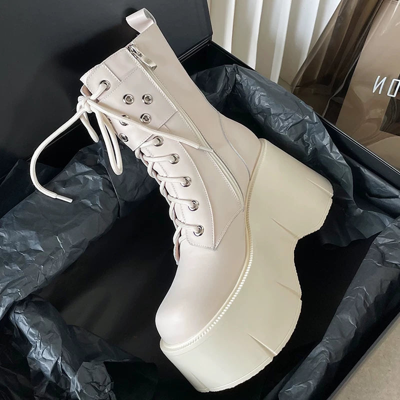 Women's Chunky Sole Leather Fleece-Lined Wedge Moto Boots for Fall Outfits Streetwear Winter Office and Weekend Everyday Wear