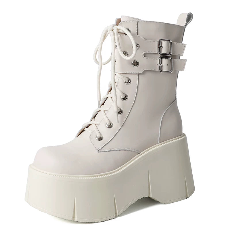 Women's Chunky Sole Leather Fleece-Lined Wedge Moto Boots for Fall Outfits Streetwear Winter Office and Weekend Everyday Wear