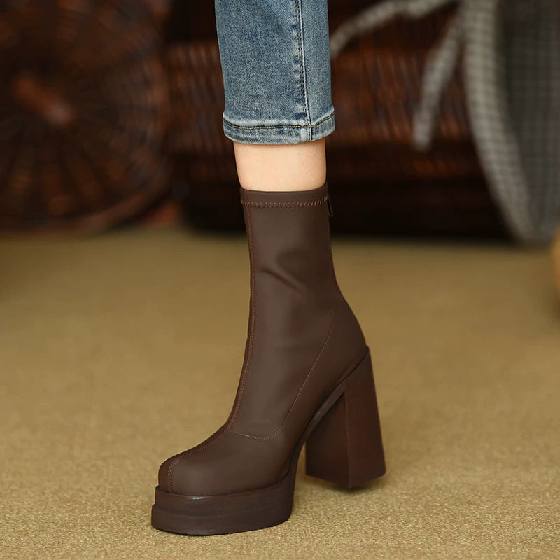 Women's Fall Winter Chunky Sole Square Toe Block Heel High Heel Slim Ankle Boots for Office and Weekend Streetwear Everyday Wear Date Night Wedding Guest