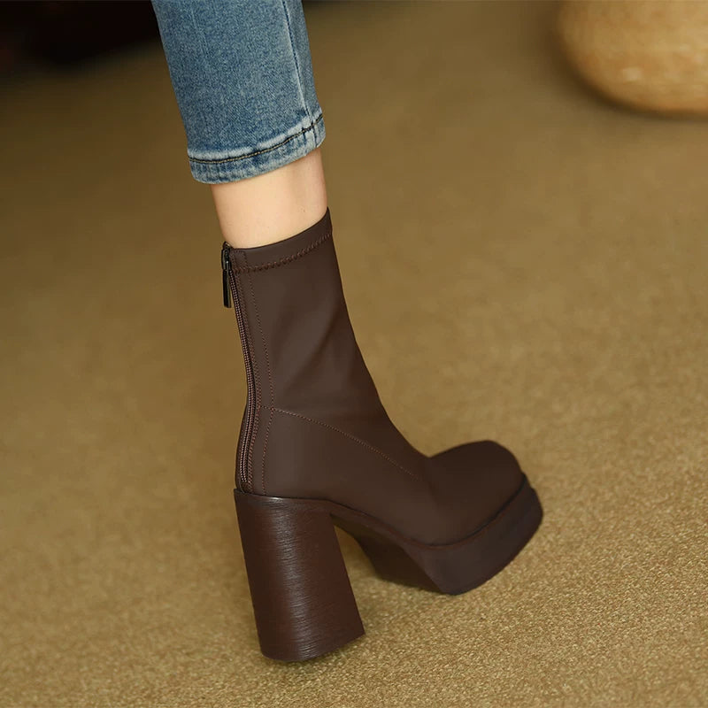 Women's Fall Winter Chunky Sole Square Toe Block Heel High Heel Slim Ankle Boots for Office and Weekend Streetwear Everyday Wear Date Night Wedding Guest