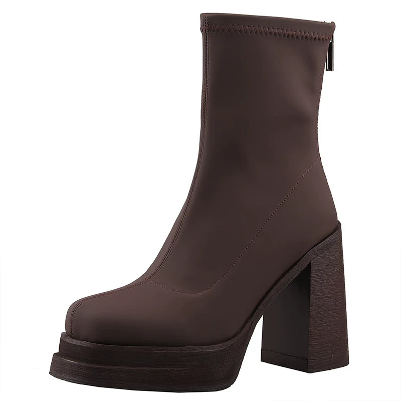 Women's Fall Winter Chunky Sole Square Toe Block Heel High Heel Slim Ankle Boots for Office and Weekend Streetwear Everyday Wear Date Night Wedding Guest
