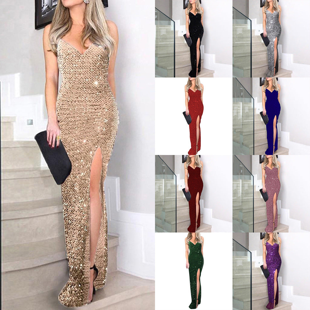 Women's Glitter Summer Slit Evening Dress Formal Midi Dress Spring for Black Tie Wedding Guest Cocktail Party Prom Date Night