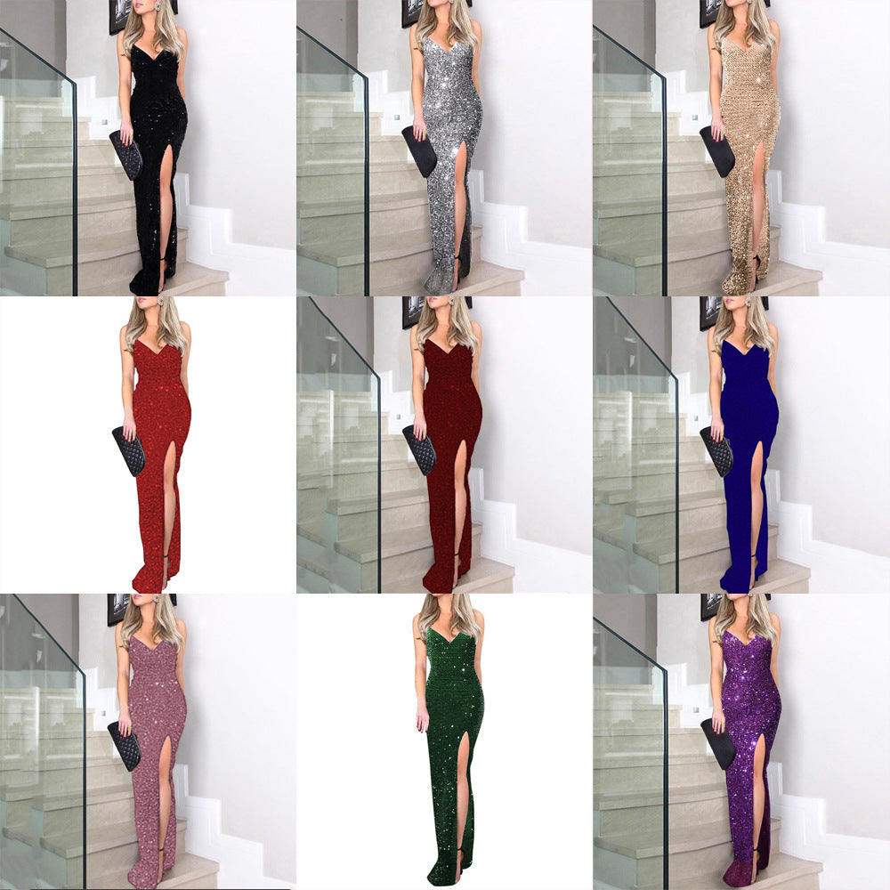 Women's Glitter Summer Slit Evening Dress Formal Midi Dress Spring for Black Tie Wedding Guest Cocktail Party Prom Date Night