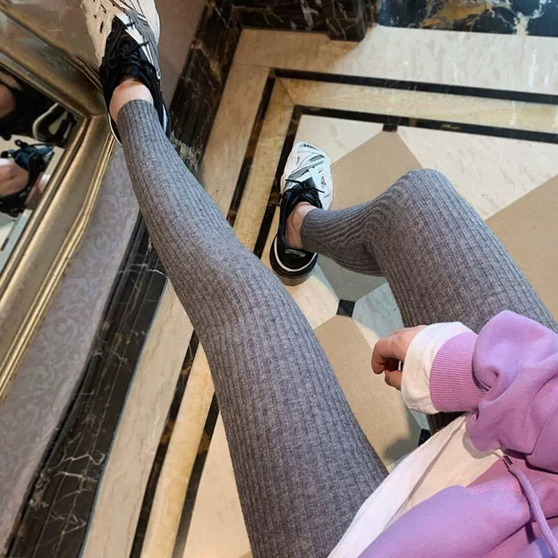 Women's Knit Slim-fit Korean-style Outdoor Casual Leggings Set High-waisted Stretch for Office Outfits Work Everyday Slimming Weekend Wear