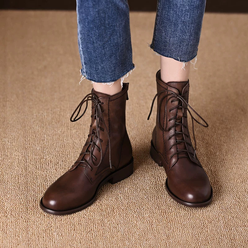 Women's Fall Winter Round Toe Block Heel Low Heel Flat Lace-Up Zip Retro Martin Combat Boots Ankle for Office and Weekend Streetwear Everyday Wear