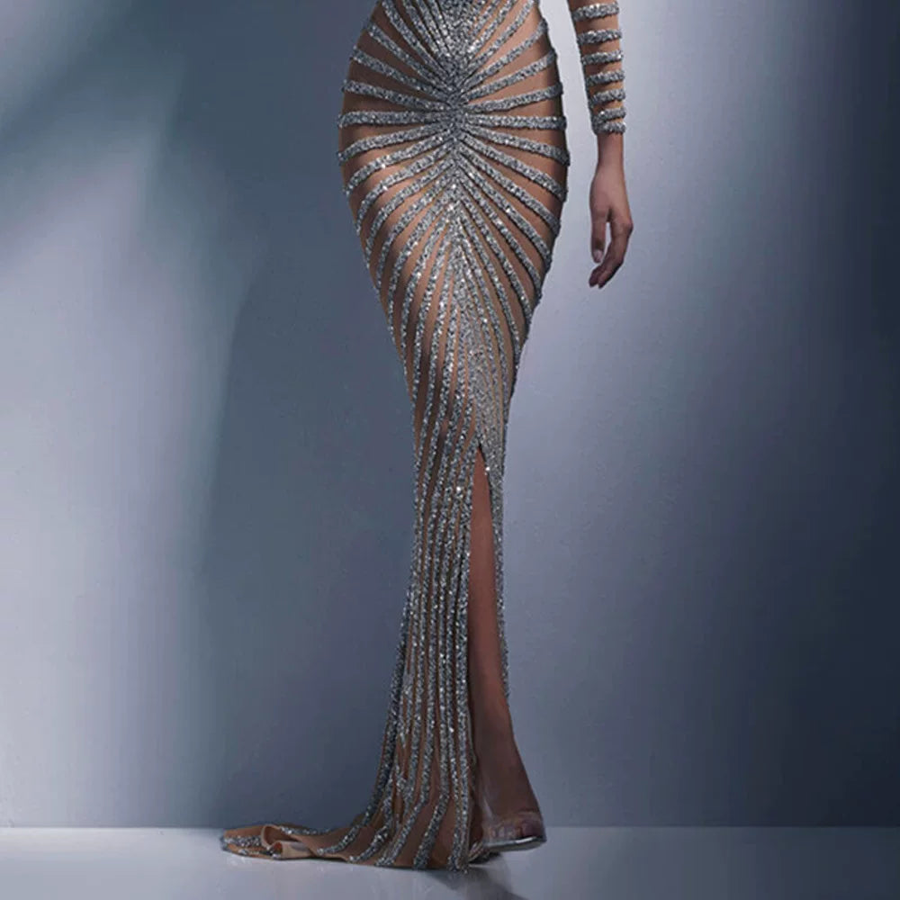 Women's Slit Breathable Mesh Crystal Long Sleeve Maxi Dress Beach Summer Vacation