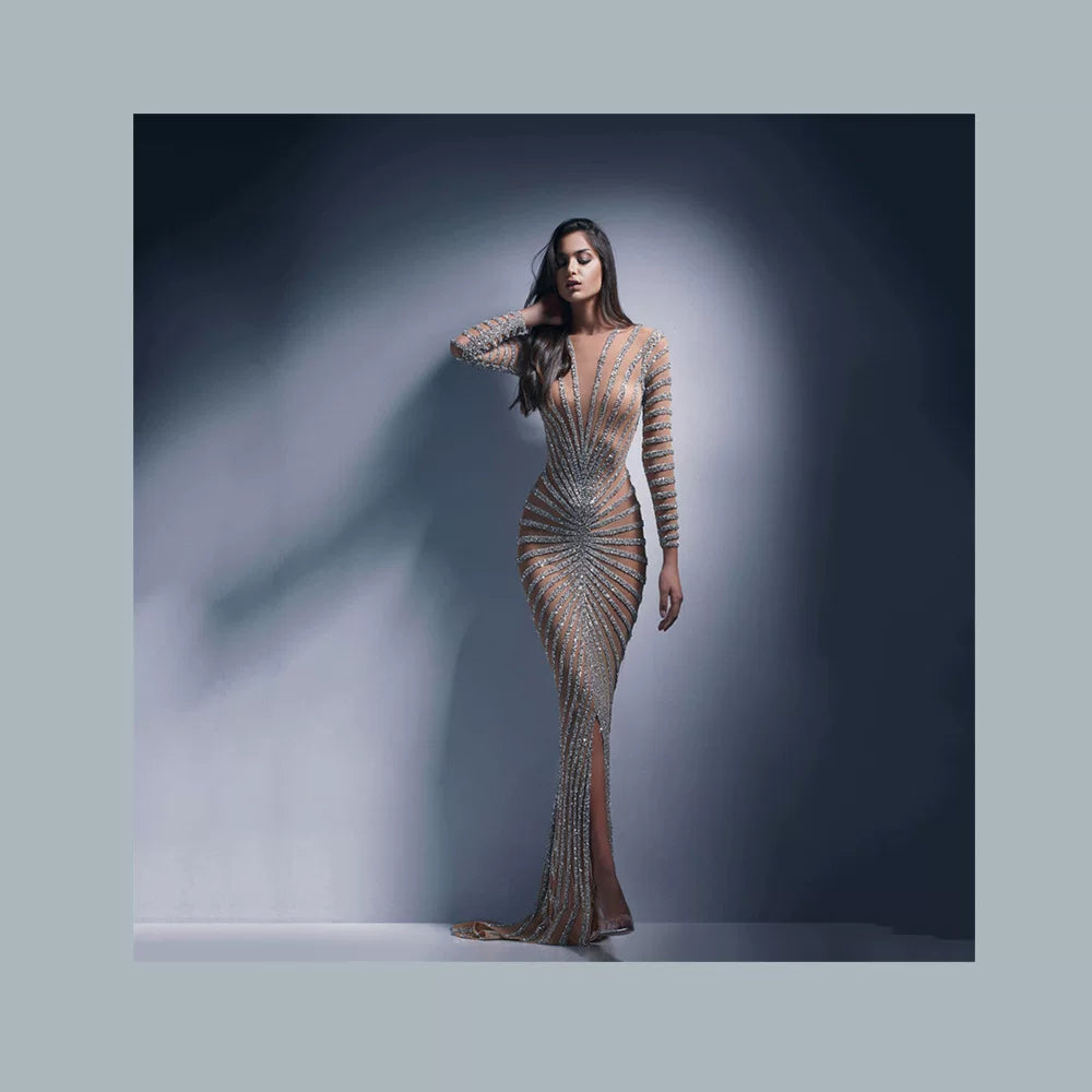 Women's Slit Breathable Mesh Crystal Long Sleeve Maxi Dress Beach Summer Vacation