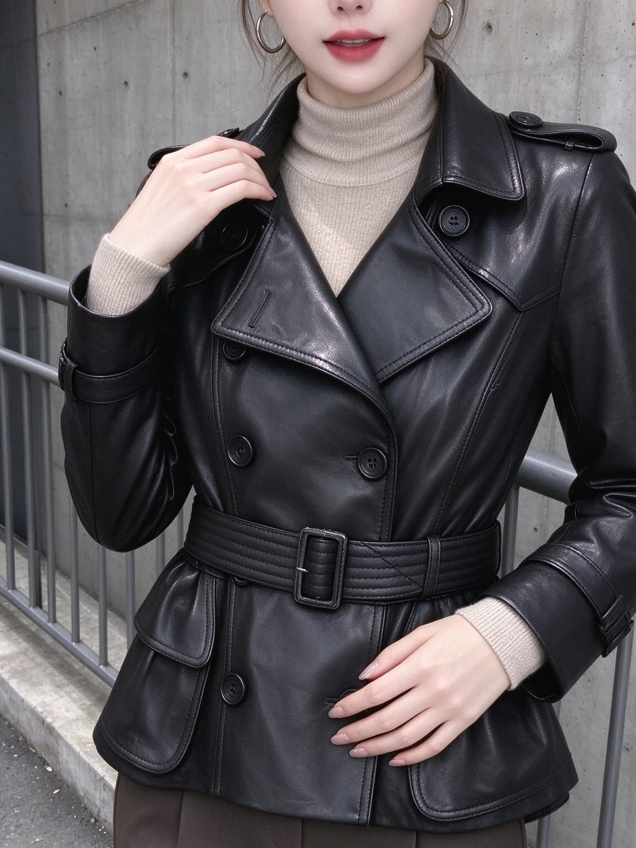 Women's Fall Winter Lapel Double-Breasted Office Leather Cropped Workwear Jacket Casual Coat for Cold Weather Travel Spring Outdoor Holiday
