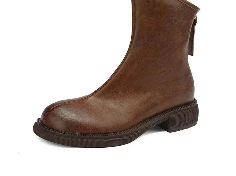 Women's Fall Winter Leather Round Toe Block Heel Slim-fit Zip Retro Martin Combat Boots for Office and Weekend Streetwear Everyday Wear Slimming