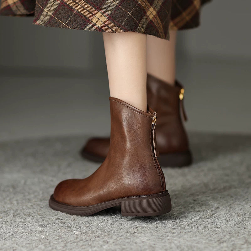 Women's Fall Winter Leather Round Toe Block Heel Slim-fit Zip Retro Martin Combat Boots for Office and Weekend Streetwear Everyday Wear Slimming