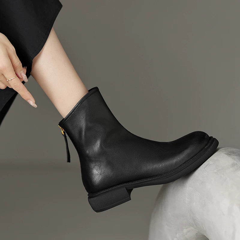 Women's Fall Winter Leather Round Toe Block Heel Slim-fit Zip Retro Martin Combat Boots for Office and Weekend Streetwear Everyday Wear Slimming