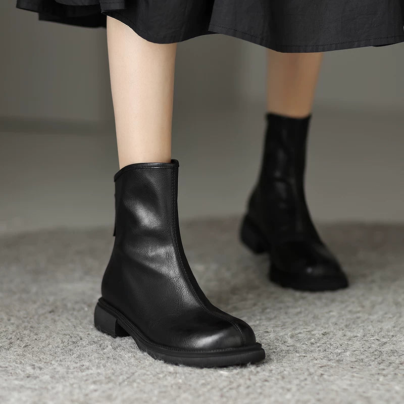 Women's Fall Winter Leather Round Toe Block Heel Slim-fit Zip Retro Martin Combat Boots for Office and Weekend Streetwear Everyday Wear Slimming