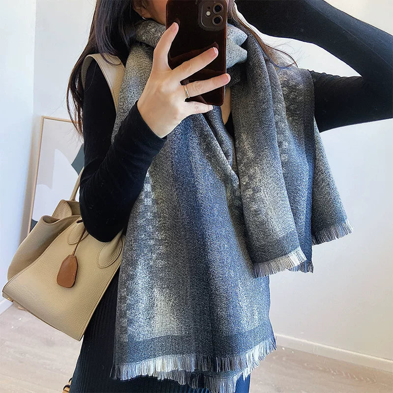 Women's Fall Winter Thickened Fleece-Lined Color-Block Knit Shawl for Office and Travel Evening Gift Holiday Gift