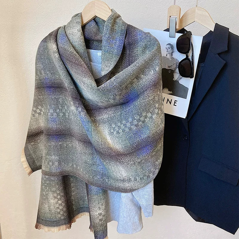 Women's Fall Winter Thickened Fleece-Lined Color-Block Knit Shawl for Office and Travel Evening Gift Holiday Gift