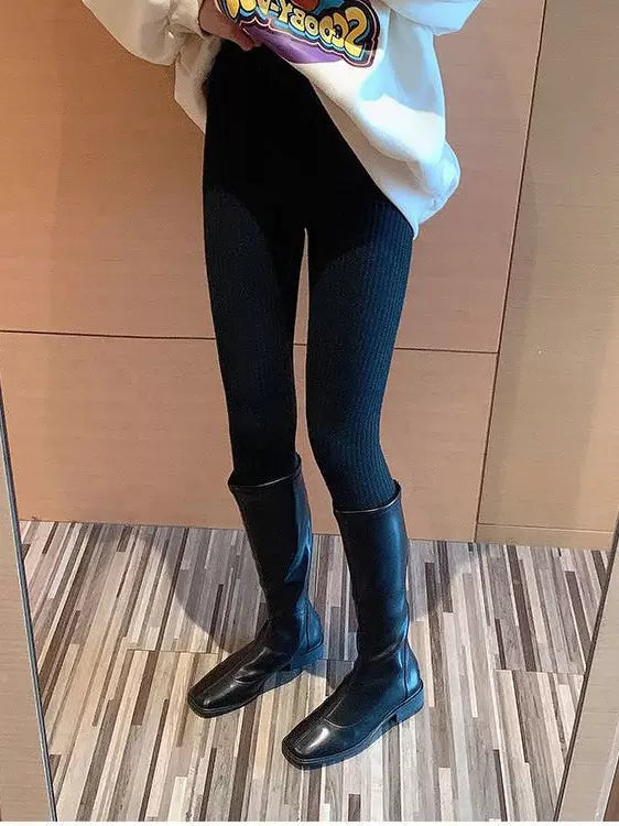 Women's Fall Winter Knit Striped Thickened Fleece-Lined Slim-Fit Outdoor Casual Leggings Set High-Waisted Stretch for Office Outfits Work Everyday Weekend Wear