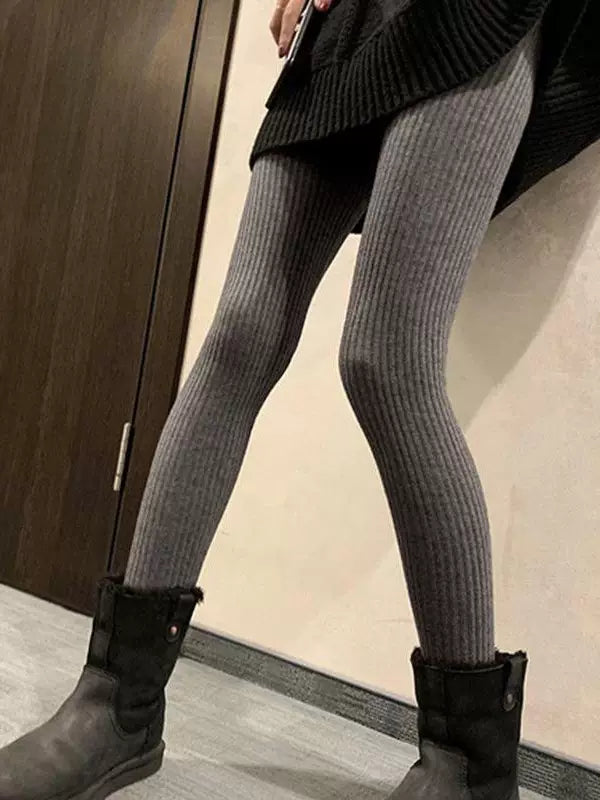 Women's Fall Winter Knit Striped Thickened Fleece-Lined Slim-Fit Outdoor Casual Leggings Set High-Waisted Stretch for Office Outfits Work Everyday Weekend Wear
