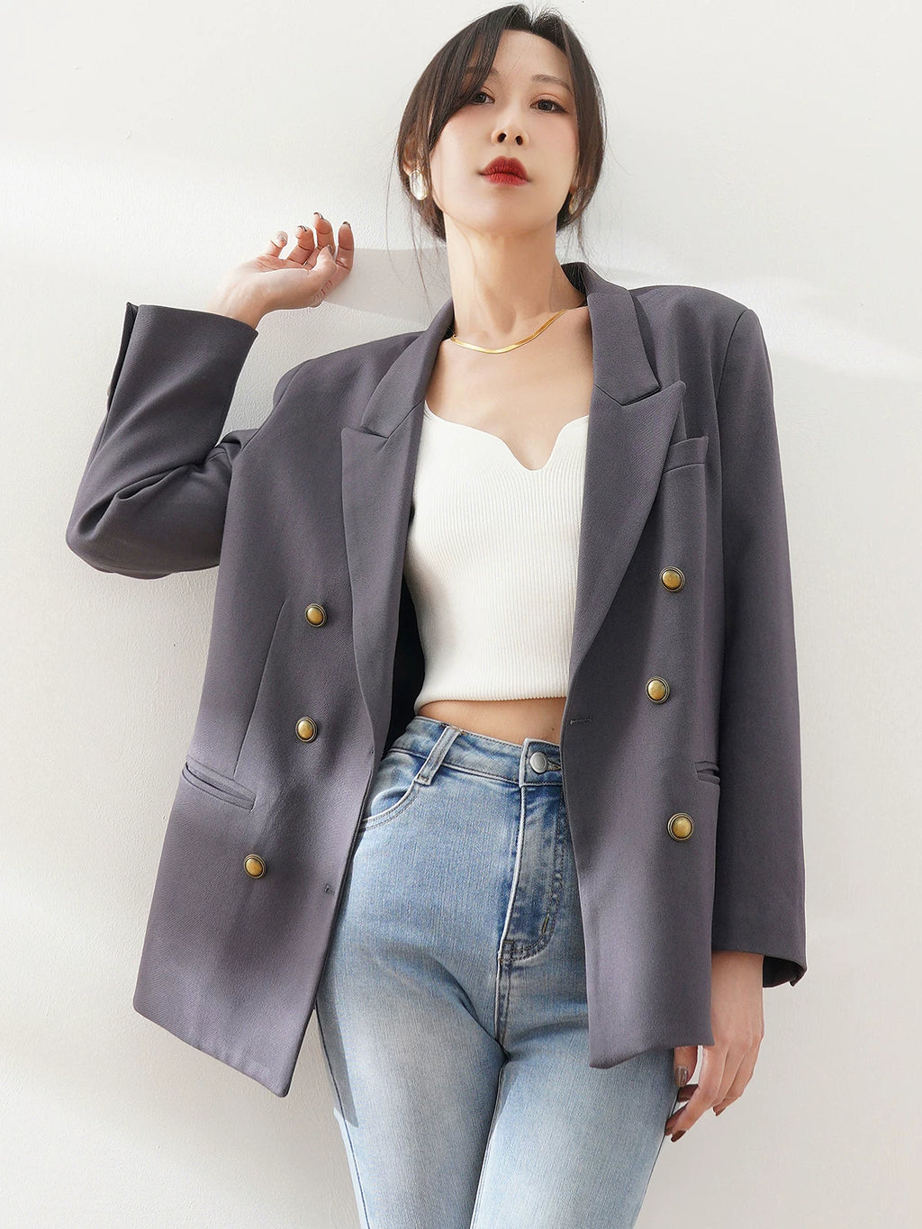Women's Straight Double-Breasted Oversized Long Sleeve Retro Casual Blazer Office Workwear Jacket