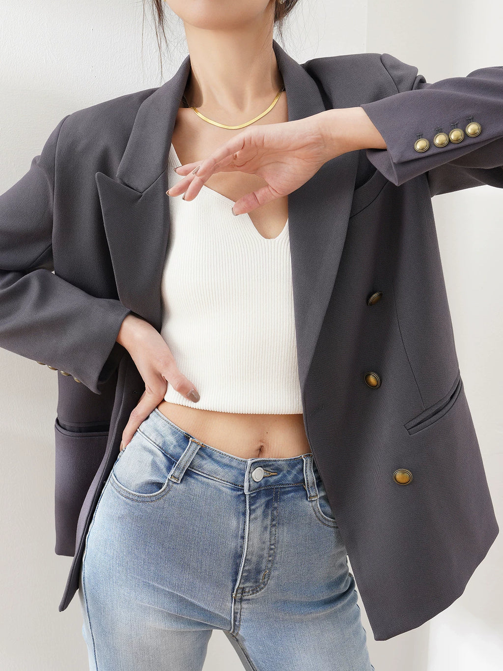 Women's Straight Double-Breasted Oversized Long Sleeve Retro Casual Blazer Office Workwear Jacket