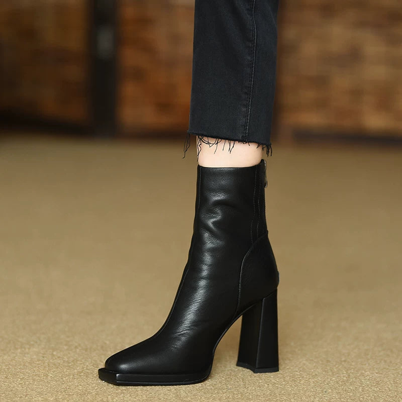 Women's Fall Winter Black Square Toe Block Heel High Heel Flat Ankle Boots for Office and Weekend Streetwear Everyday Wear Date Night Wedding Guest