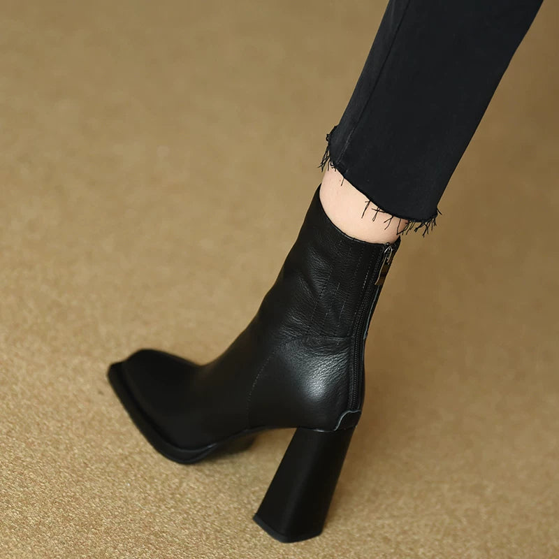 Women's Fall Winter Black Square Toe Block Heel High Heel Flat Ankle Boots for Office and Weekend Streetwear Everyday Wear Date Night Wedding Guest