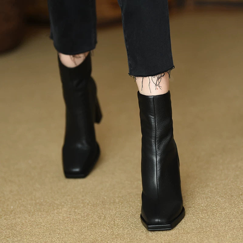 Women's Fall Winter Black Square Toe Block Heel High Heel Flat Ankle Boots for Office and Weekend Streetwear Everyday Wear Date Night Wedding Guest