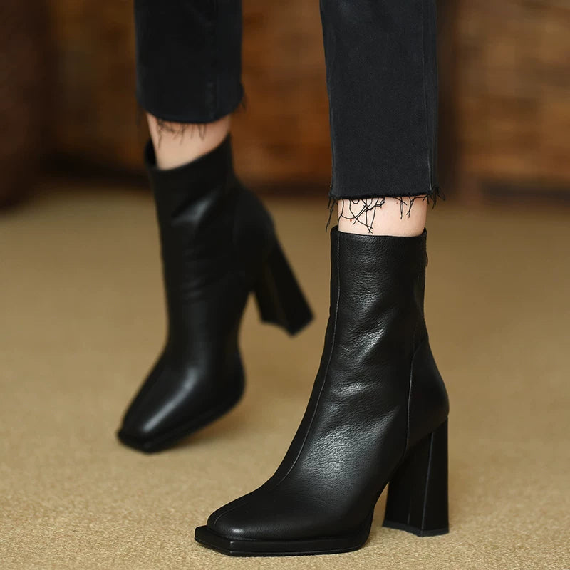 Women's Fall Winter Black Square Toe Block Heel High Heel Flat Ankle Boots for Office and Weekend Streetwear Everyday Wear Date Night Wedding Guest
