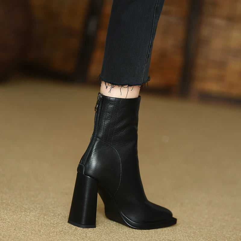 Women's Fall Winter Black Square Toe Block Heel High Heel Flat Ankle Boots for Office and Weekend Streetwear Everyday Wear Date Night Wedding Guest