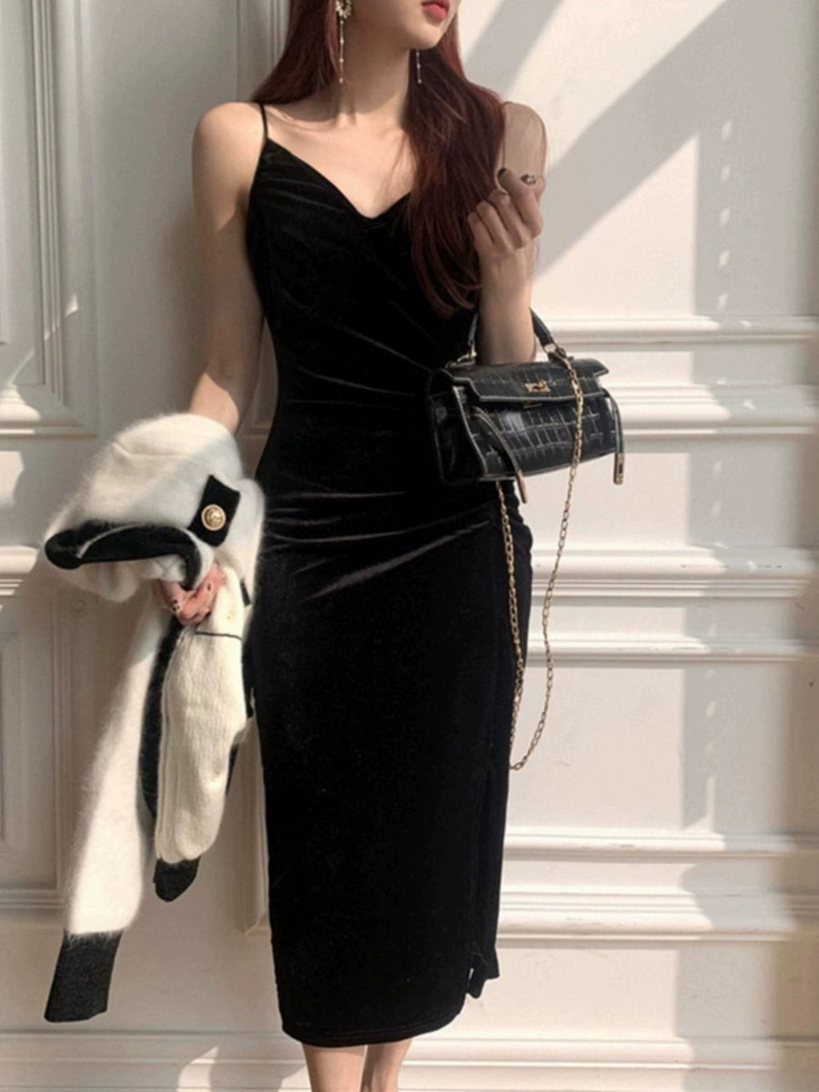 Women's Black Slit Longline Halter Dress Midi Dress Office Casual Dress for Wedding Guest Date Night Business Summer Travel Cocktail Party