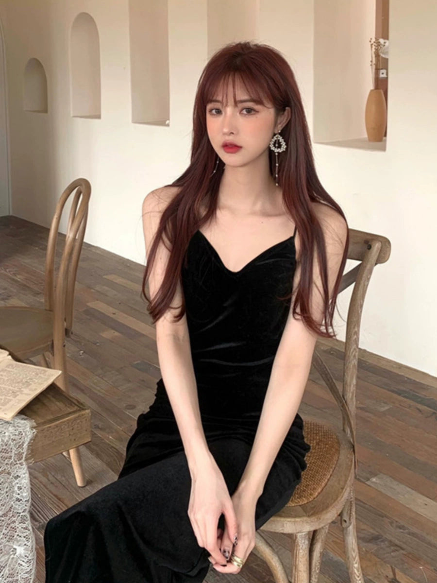 Women's Black Slit Longline Halter Dress Midi Dress Office Casual Dress for Wedding Guest Date Night Business Summer Travel Cocktail Party