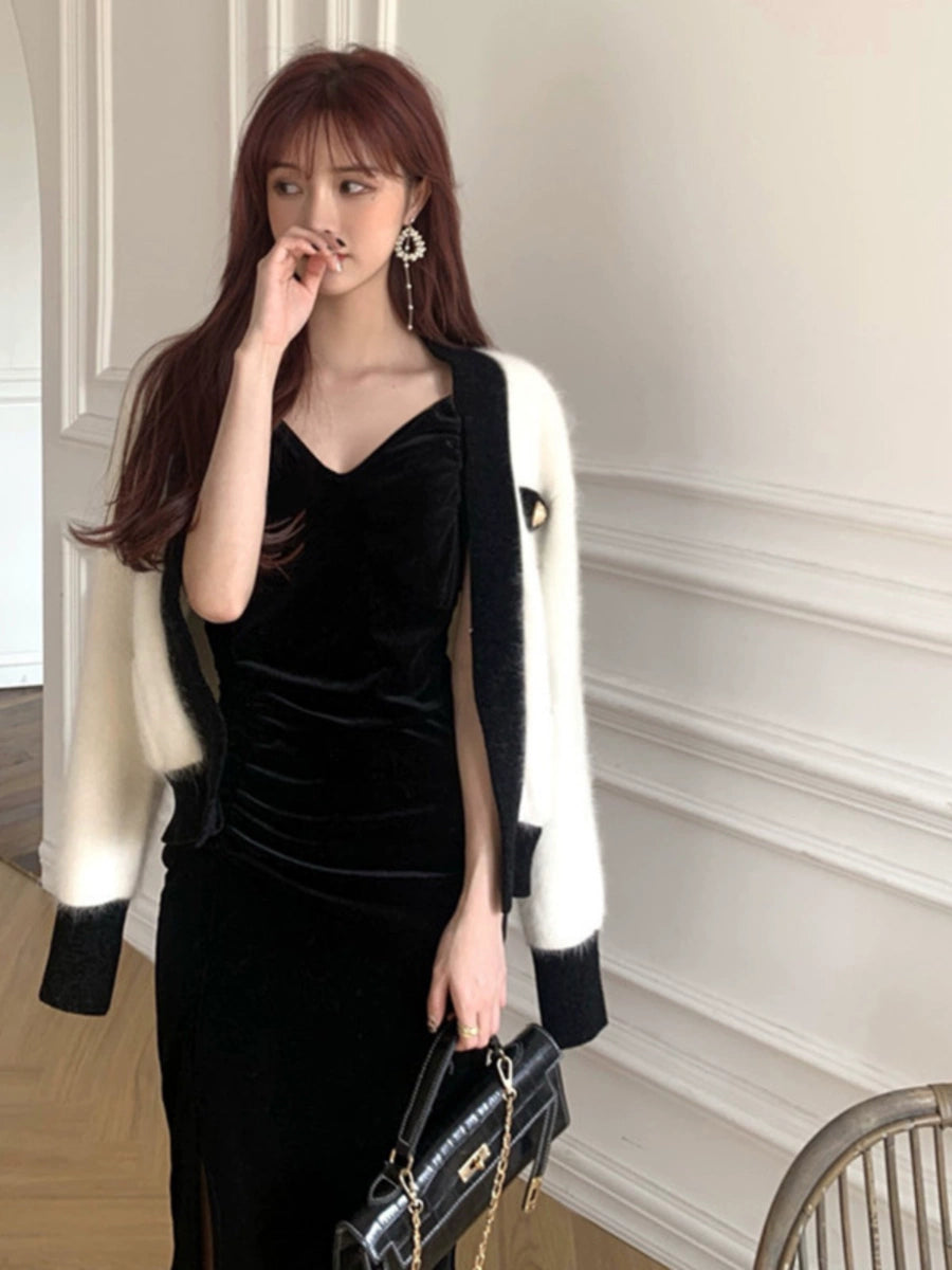 Women's Black Slit Longline Halter Dress Midi Dress Office Casual Dress for Wedding Guest Date Night Business Summer Travel Cocktail Party