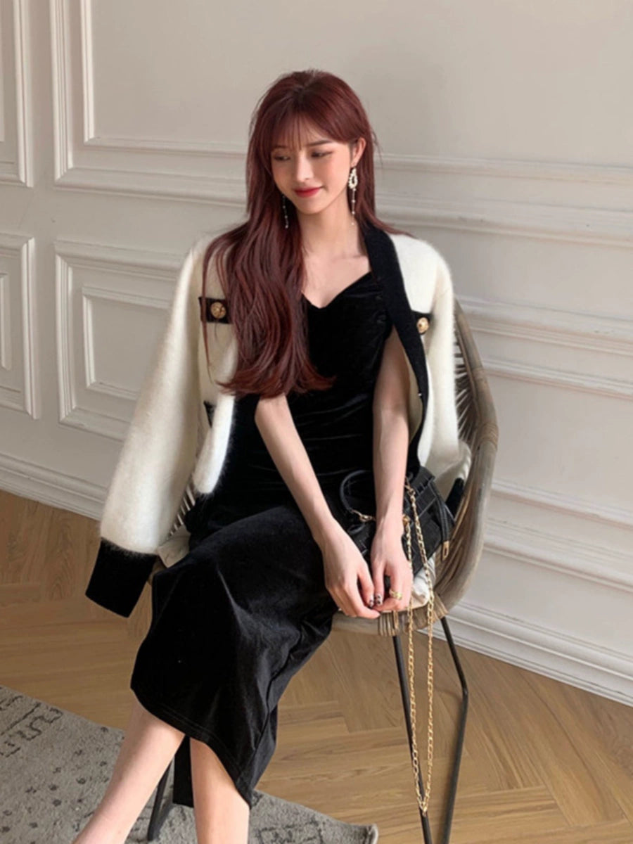 Women's Black Slit Longline Halter Dress Midi Dress Office Casual Dress for Wedding Guest Date Night Business Summer Travel Cocktail Party