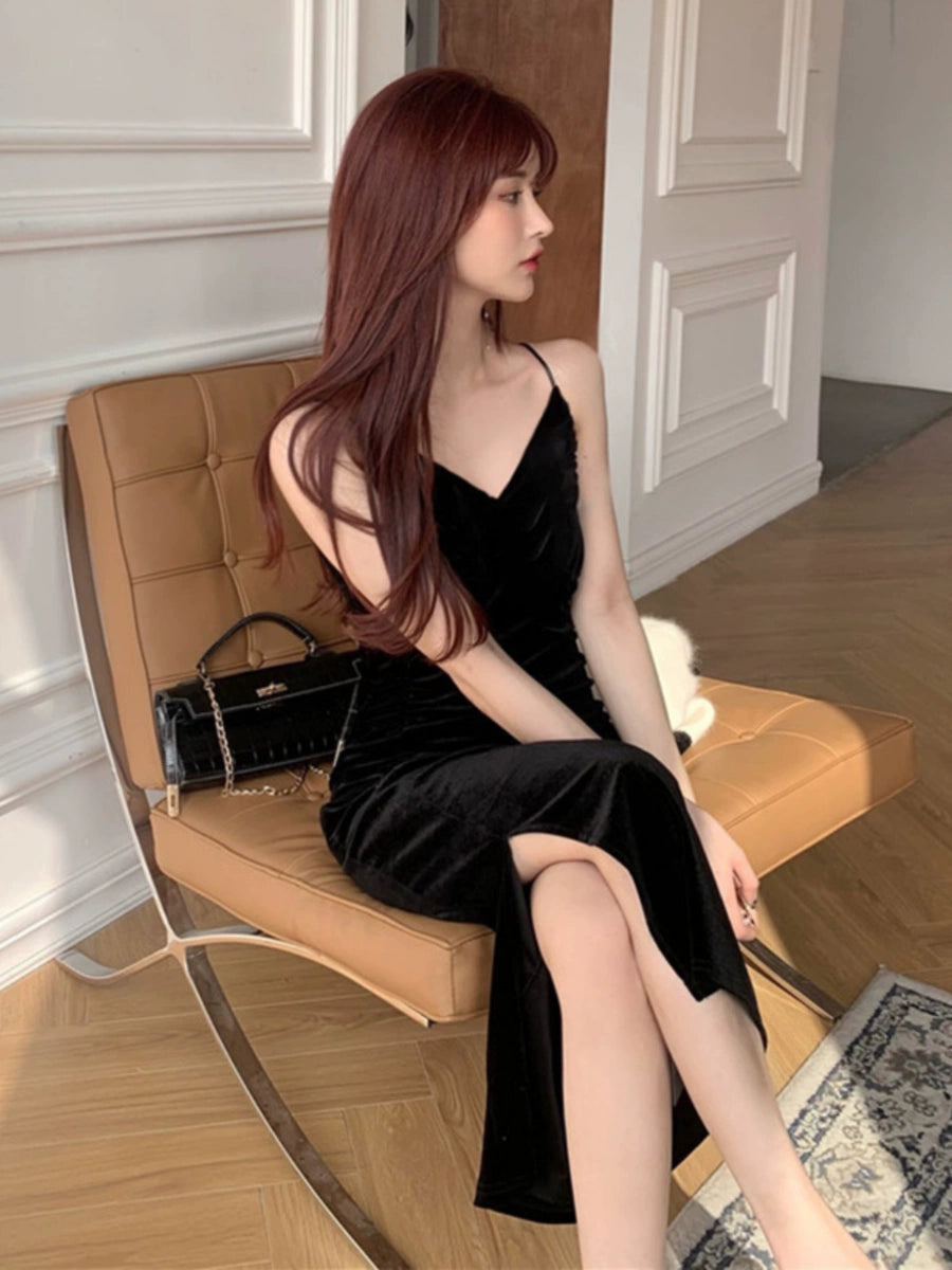 Women's Black Slit Longline Halter Dress Midi Dress Office Casual Dress for Wedding Guest Date Night Business Summer Travel Cocktail Party