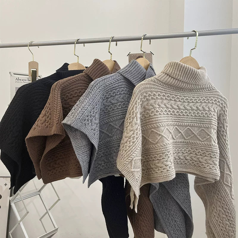 Women's Turtleneck Fall Winter Fleece-Lined Asymmetric Knit Shawl for Office and Travel Evening Gift Holiday Gift