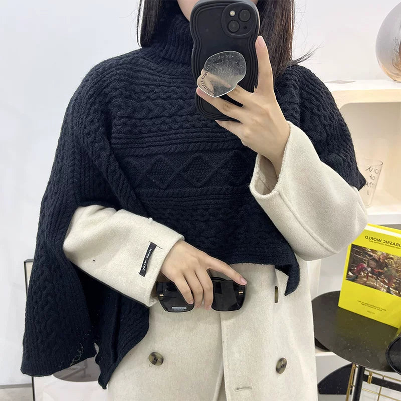 Women's Turtleneck Fall Winter Fleece-Lined Asymmetric Knit Shawl for Office and Travel Evening Gift Holiday Gift