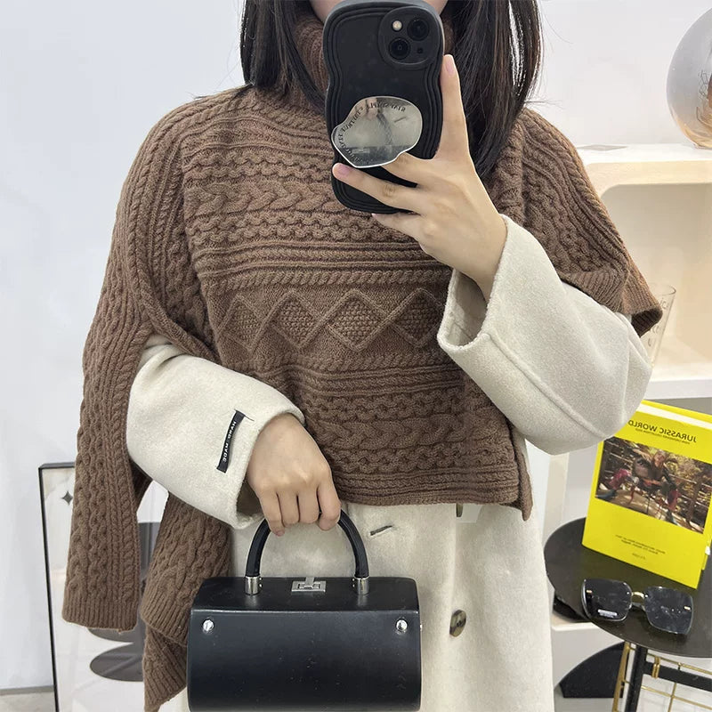Women's Turtleneck Fall Winter Fleece-Lined Asymmetric Knit Shawl for Office and Travel Evening Gift Holiday Gift