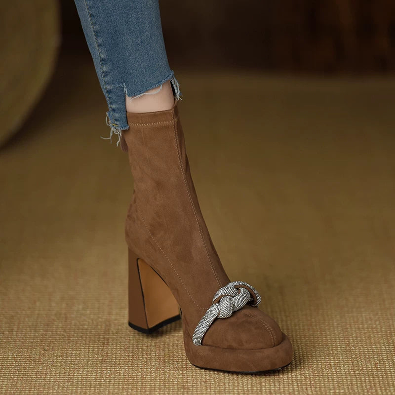Women's Frosted Platform Suede Block Heel High Heel Slim Ankle Boots for Fall Outfits Streetwear Winter Office and Weekend Everyday Wear