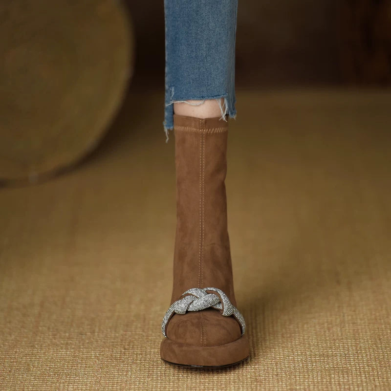 Women's Frosted Platform Suede Block Heel High Heel Slim Ankle Boots for Fall Outfits Streetwear Winter Office and Weekend Everyday Wear