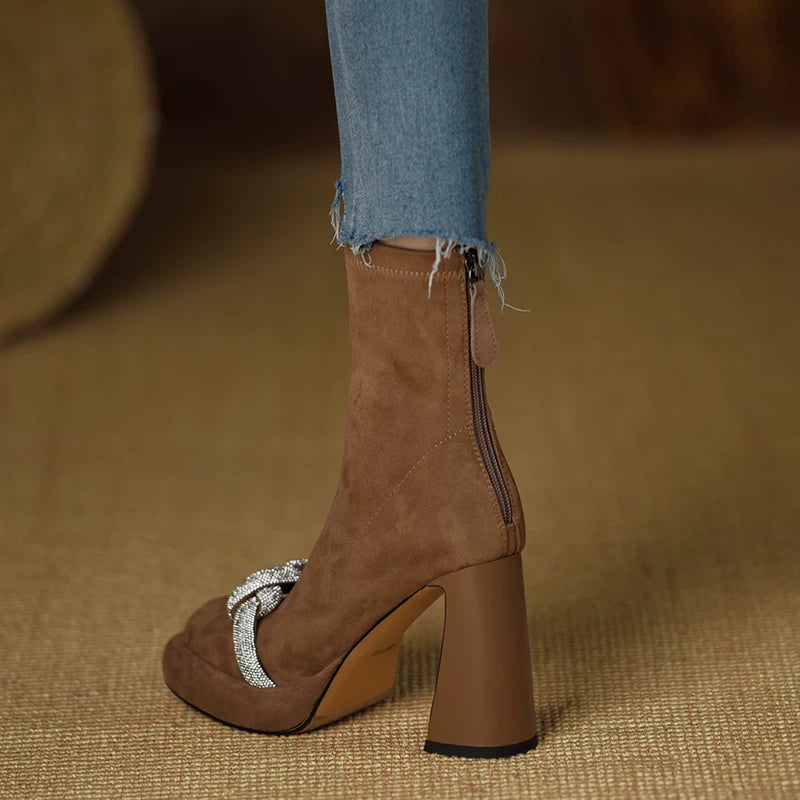 Women's Frosted Platform Suede Block Heel High Heel Slim Ankle Boots for Fall Outfits Streetwear Winter Office and Weekend Everyday Wear