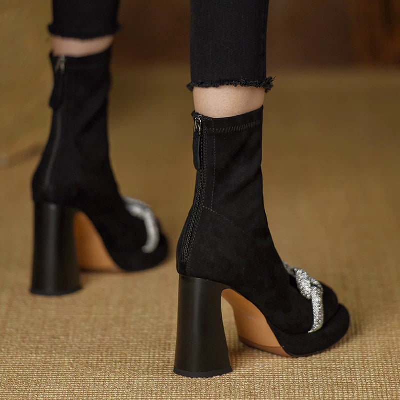 Women's Frosted Platform Suede Block Heel High Heel Slim Ankle Boots for Fall Outfits Streetwear Winter Office and Weekend Everyday Wear