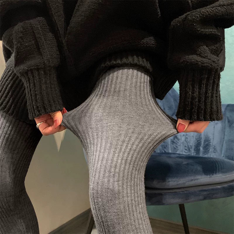 Women's Knit Fleece-lined Slim-fit Outdoor Leggings Set High-waisted Stretch for Office Outfits Work Everyday Slimming Weekend Wear