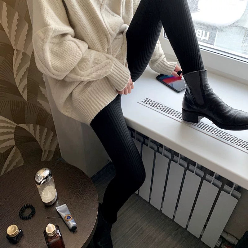 Women's Knit Fleece-lined Slim-fit Outdoor Leggings Set High-waisted Stretch for Office Outfits Work Everyday Slimming Weekend Wear