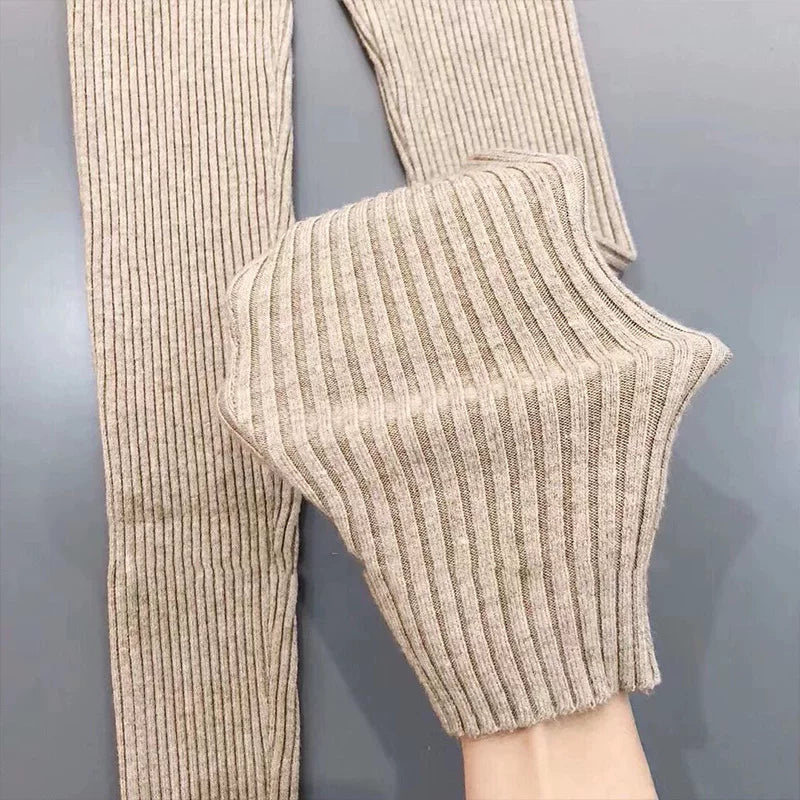 Women's Knit Fleece-lined Slim-fit Outdoor Leggings Set High-waisted Stretch for Office Outfits Work Everyday Slimming Weekend Wear