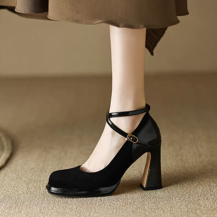 Women's Black Leather Square Toe Block Heel High Heel Mary Jane Pumps Strap Dress Heels Wedding Guest Cocktail Party