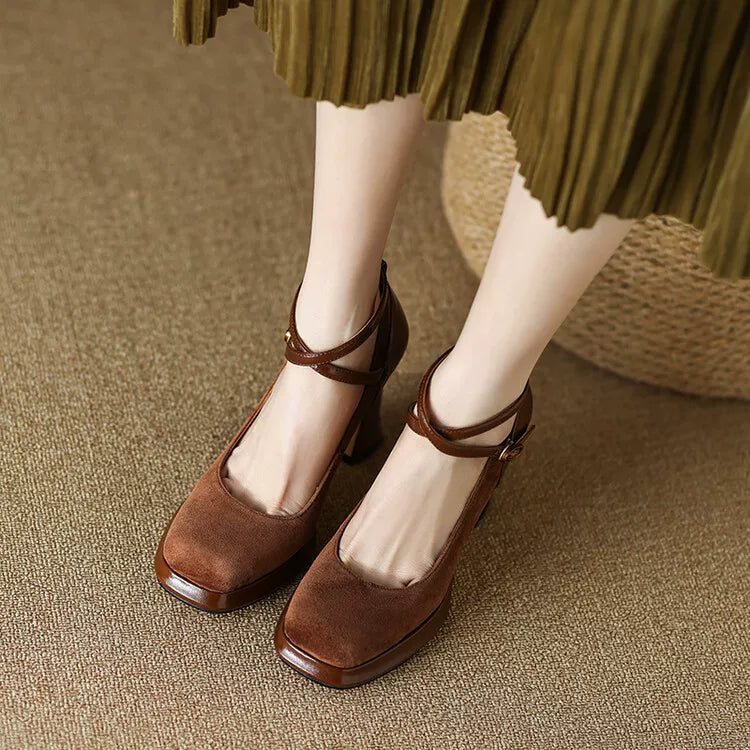 Women's Black Leather Square Toe Block Heel High Heel Mary Jane Pumps Strap Dress Heels Wedding Guest Cocktail Party
