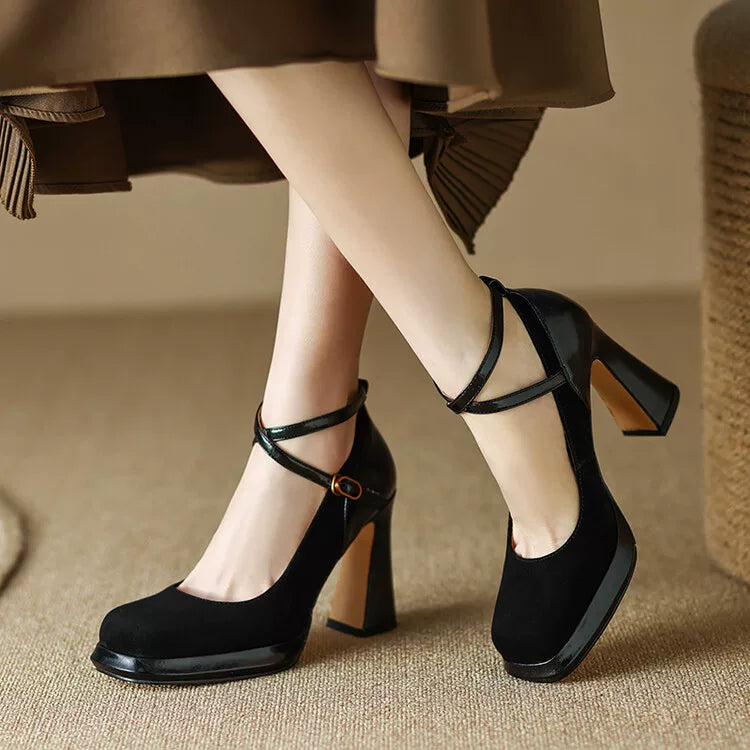 Women's Black Leather Square Toe Block Heel High Heel Mary Jane Pumps Strap Dress Heels Wedding Guest Cocktail Party