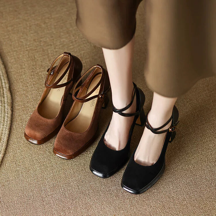 Women's Black Leather Square Toe Block Heel High Heel Mary Jane Pumps Strap Dress Heels Wedding Guest Cocktail Party