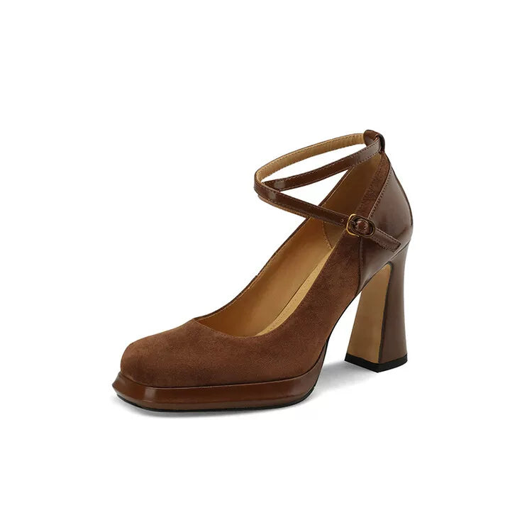 Women's Black Leather Square Toe Block Heel High Heel Mary Jane Pumps Strap Dress Heels Wedding Guest Cocktail Party
